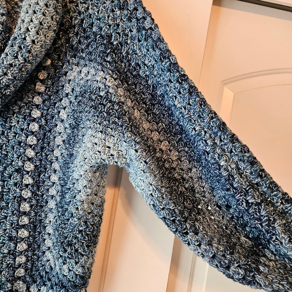 Hand Crocheted Chunky Blue Sweater Silver Maple Stitches Hooded Oversized Heavy - Picture 5 of 11